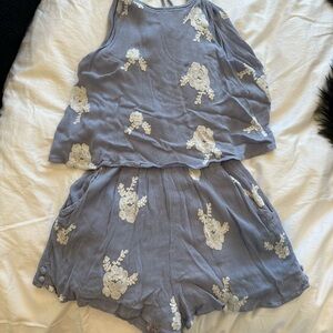 Women's Blue Floral Embroidered Romper